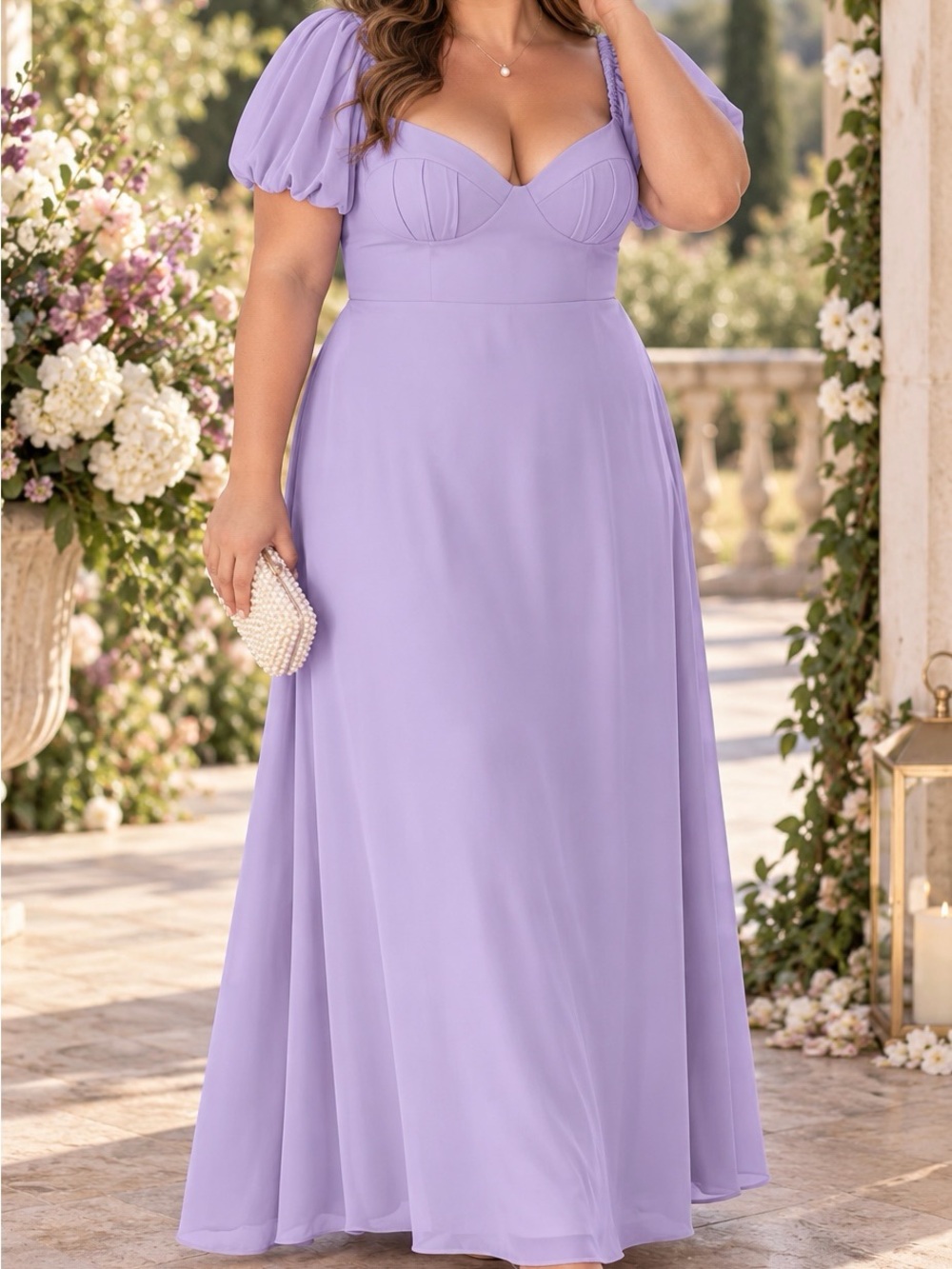 Barbie x Azazie Lavender Purple Puff Sleeve Sweetheart Maxi Dress Plus Size 18